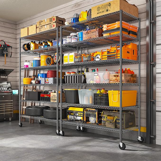 Romorgniz 6-Tier Rolling Storage Shelves, 82" H x 45" W x 18" D Adjustable Wire Shelving Unit with Locking Wheels, Heavy-Duty Metal Rack for Garage, Pantry, Kitchen, Basement – Black