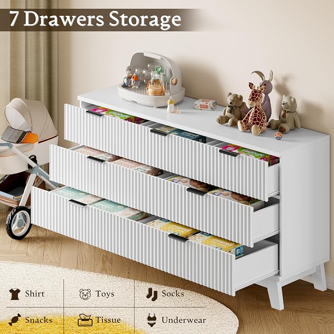 BORNOON 57" Long Dresser for Bedroom, 7-Drawer Fluted Chest, Wide Wood Storage Dresser with Metal Slides and Handles, Stable Base, Modern Clothes Organizer for Primary Suite, Guest Room, Nursery