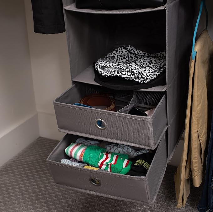 BIRDROCK HOME 5pc Hanging Closet Organizer System with Storage Shelves - Grey - Shoe Clothing Organization - Great for College Dorms or Kid Bedrooms Nursery