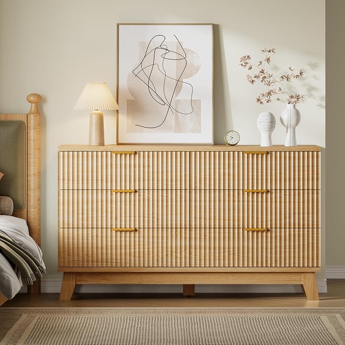 BORNOON 53" Long Dresser for Bedroom, 6-Drawer Dresser with Fluted Fronts, Wide Wood Chest of Drawers, Smooth Metal Slides, Stable Base, Modern Clothes Storage Cabinet for Living Room, Hallway