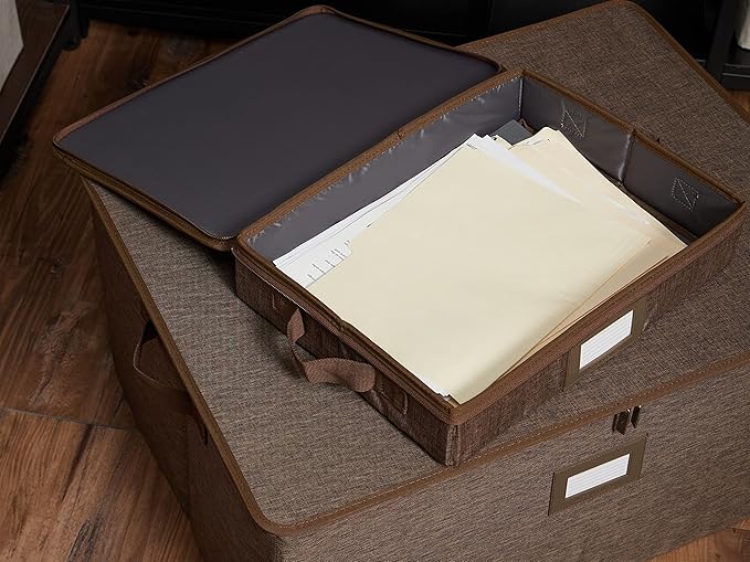 Covermates Keepsakes Zip-Top Storage Box Set, 3 Pack Heavy Duty Polyester Organizer Bins, Stackable Design, ID Window, Reinforced Handles, Closet Home Storage, Brown Heather