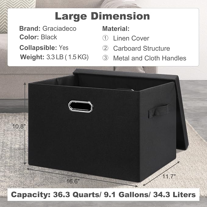 Graciadeco Large 17" 36 Quart Collapsible Stackable Storage Bins with Lids, 5 Packs Black Linen Fabric Closet Boxes with Lids, Storage Cube Baskets Container Organizers for Bedroom Office(17 x12 x11)