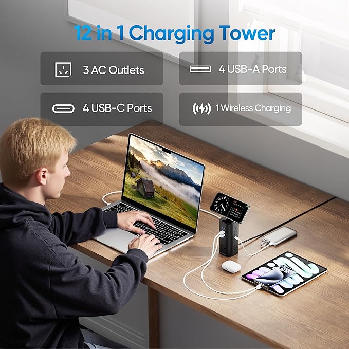 115W Fast Charging Station, TenTrend Power Strip Tower, 5FT Extension Cord | Charging Tower with 3AC Outlets & 8 USB Ports(4 USB-C), Foldable 15W Charging, Dorm, Office Desk Supplies