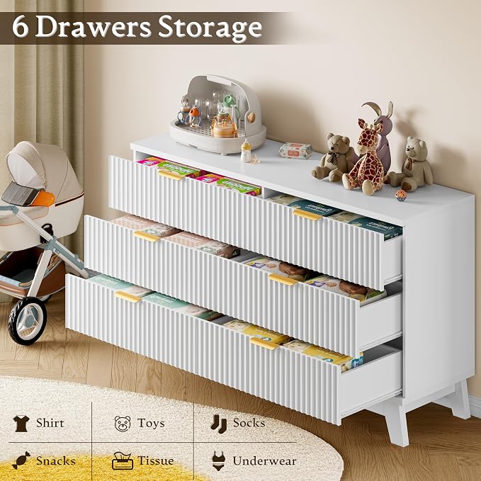 BORNOON Fluted 6 Drawer Dresser, 47.2" Wide Modern Boho Chest of Drawers, Wooden Storage Dresser TV Stand for Bedroom, Living Room, Closet, Hallway, Curved Profile Design