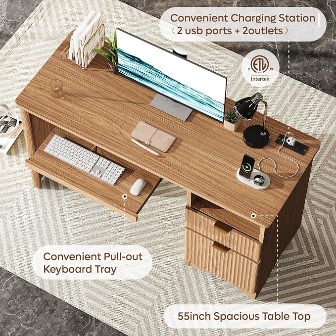 Bestier Computer Desk with Drawer, 55 inch Office Desk with Power Outlet, Modern Home Office Desk with Keyboard Tray (55" W with Single-Sided Drawers)