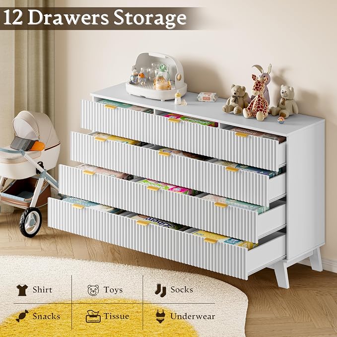 BORNOON 57" Wide Dresser for Bedroom, 12-Drawer Fluted Dresser with Metal Handles, Wood Chest of Drawers with Smooth Slides and Stable Base, Modern Storage Cabinet for Living Room, Nursery