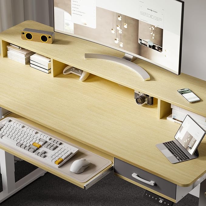 WALKINGDESK 63 Inches Electric Standing Desk with Keyboard Tray, Height Adjustable Sit to Stand Table with 2 Drawers, Ergonomic Home Office Desk with Storage Shelf, Computer Table, Oak