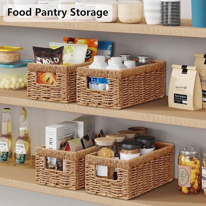 Vagusicc Wicker Storage Basket, Set of 2 Hand Woven Wicker Baskets for Organizing with Handles, Decorative Small Storage Bins for Countertop Toilet Paper Basket for Toilet Tank Top, Shelves, Natural