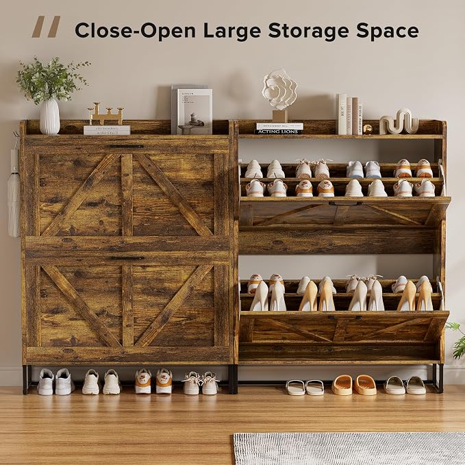 EOYUTLLY Shoe Cabinet for Entryway with 2 Flip Drawers,Narrow Wooden Shoe Storage Cabinet with Metal Legs,Hold 24 Pairs, 4-Tier Adjustable Shelves–Freestanding Hidden Shoe Organizer for Hallway, Foyer