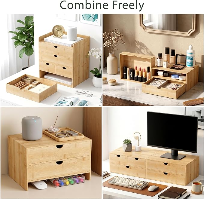 Bamboo Desk Organizer with Drawers, Desktop Storage for Office Supplies | 3 Drawers Desktop organizer, No Assembly Required, Natural Wood Wooden Desktop Drawers Box for Bills, Cosmetics, Seals, Paper