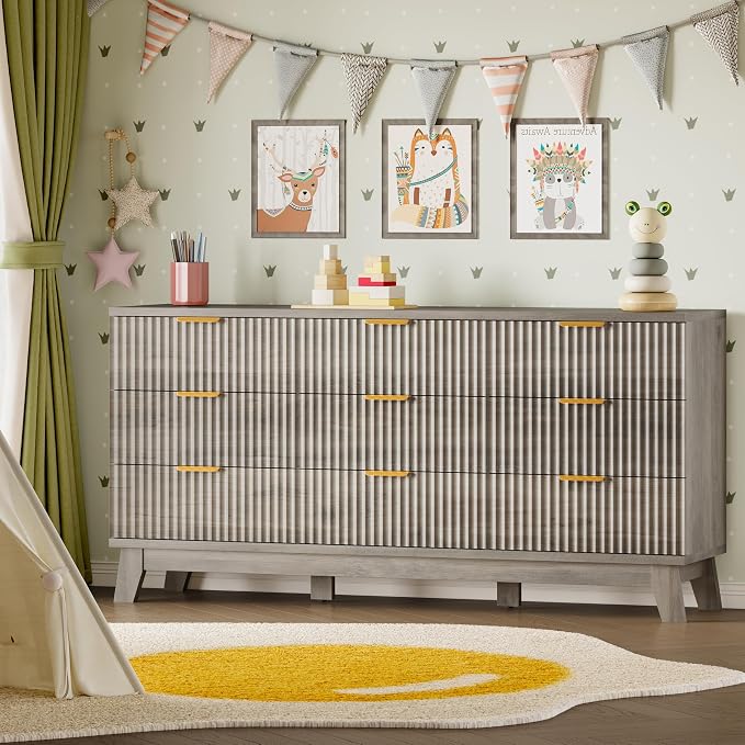 BORNOON Fluted 9 Drawer Dresser, 57.1" Wide Modern Boho Chest of Drawers, Wooden Storage Dresser TV Stand for Bedroom, Living Room, Closet, Hallway, Curved Profile Design