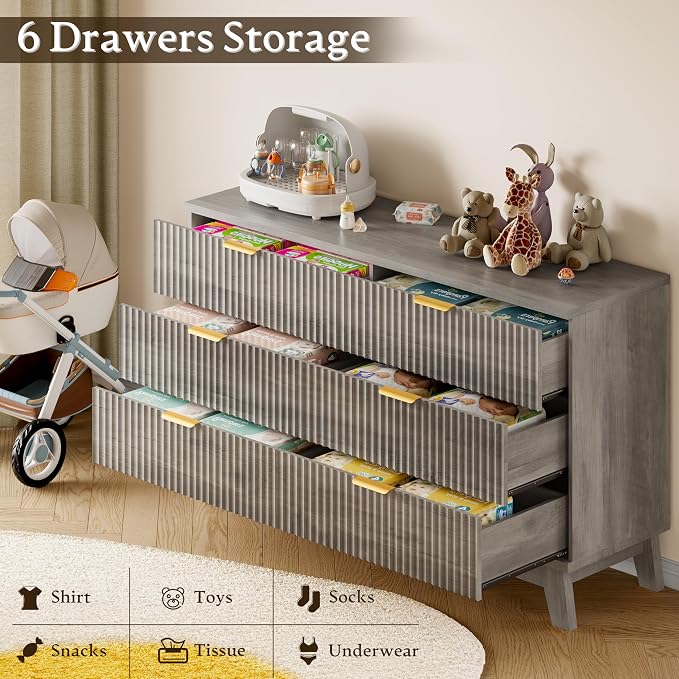 BORNOON Fluted 6 Drawer Dresser, 47.2" Wide Modern Boho Chest of Drawers, Wooden Storage Dresser TV Stand for Bedroom, Living Room, Closet, Hallway, Curved Profile Design