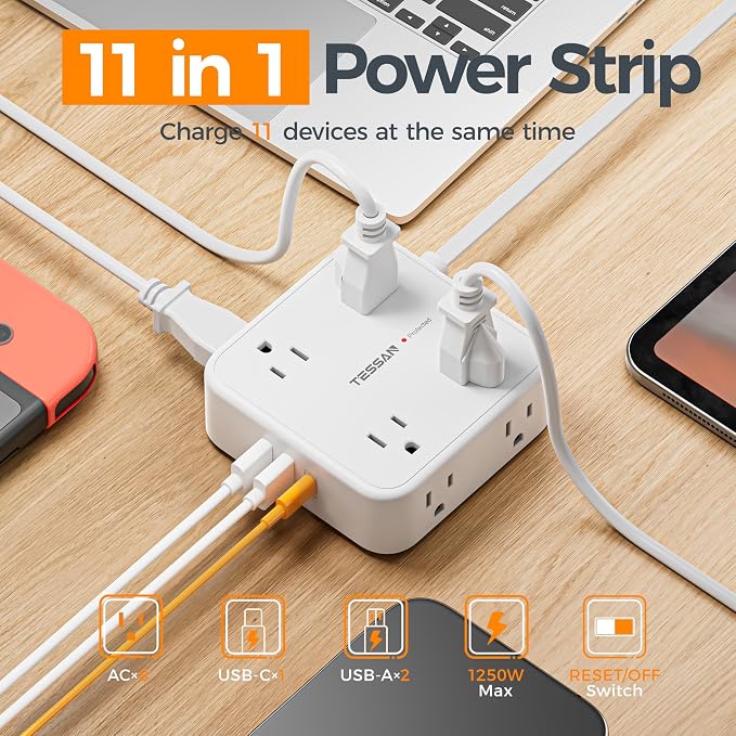 TESSAN Surge Protector Power Strip, 5 Ft Flat Plug Extension Cord with 3 USB (1 USB C) 8 Outlets, 900J Protection, 3 Sided Outlet Extender with Power Switch for Office, Dorm Room, White