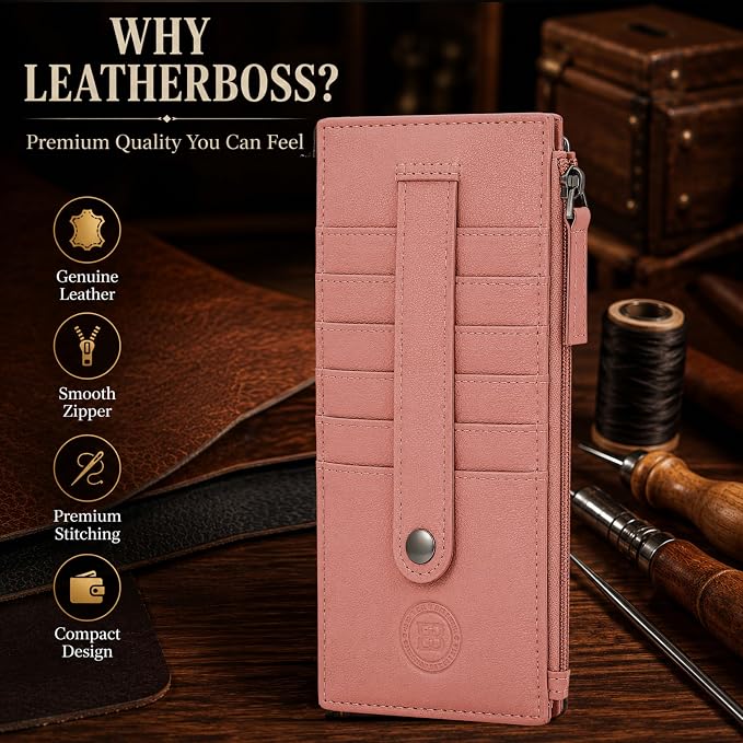 Leatherboss Genuine Leather All in One Card Case Holder Slim Wallet With a Card Protection Strap, Peach