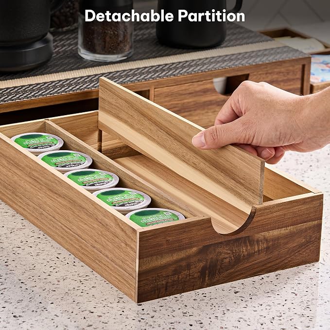 SMARTAKE Acacia Wooden K Cup Organizer Coffee Pod Storage Box | Coffee Pod Tea Organizer, K Pod Drawer Coffee Maker Stand, Kcup Holder for Countertop Kitchen Office Coffee Bar