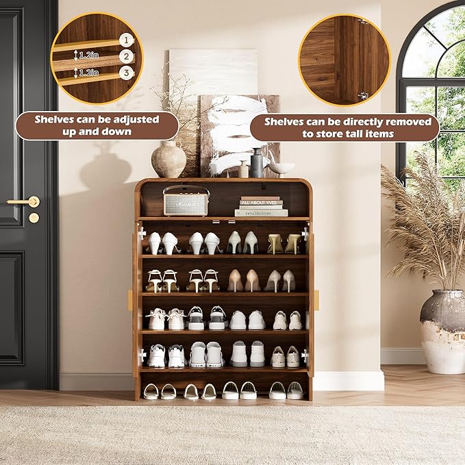 Maupvit Modern Shoe Cabinet for Entryway, Shoe Storage Cabinet with Fluted Doors, Wood Shoe Organizer with Open Shelves & Golden Handles, Freestanding Shoe Rack for Hallway, Living Room, Walnut