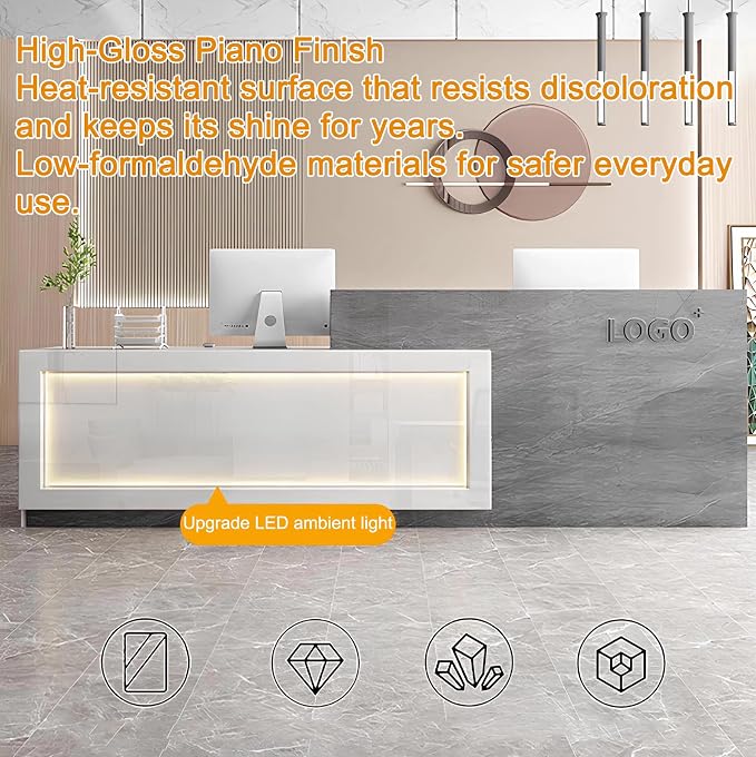 Modern Reception Desk with Counter, Front Desk Reception Counter with Lockable Drawer, Keyboard Tray & Storage Cabinet, Solid Wood Receptionist Table for Salon Office Lobby (C - Left, L 2.6m/102in)