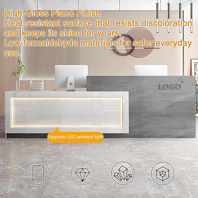 Modern Reception Desk with Counter, Front Desk Reception Counter with Lockable Drawer, Keyboard Tray & Storage Cabinet, Solid Wood Receptionist Table for Salon Office Lobby (H - Left, L 2m/78in)