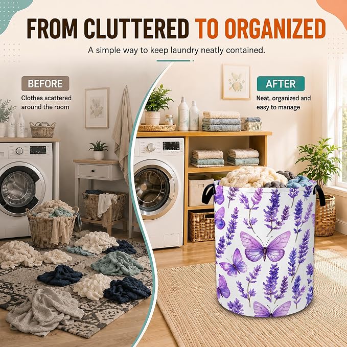 Lavender Laundry Basket with Handles,Purple Butterfly Foldable Oxford Laundry Hamper,Collapsible Clothes Storage Basket for Laundry Room/Bathroom/Bedroom/Dormitories 20.8 x 16 Inches