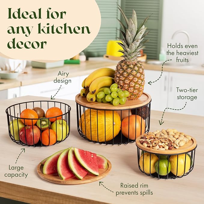 Fruit Basket for Kitchen Counter Set of 3 - Large Stackable Baskets with Bamboo Lid - Fruit Bowl, Perfect Holder For Fruits and Vegetable Storage -Keep Your Countertop Classy, Tidy and Slightly Fruity