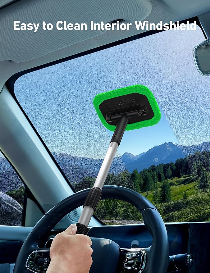 AstroAI Windshield Cleaner Tool, Microfiber Car Window Cleaner with 4 Reusable and Washable Microfiber Pads and Extendable Handle Auto Inside Glass Wiper Kit, Green