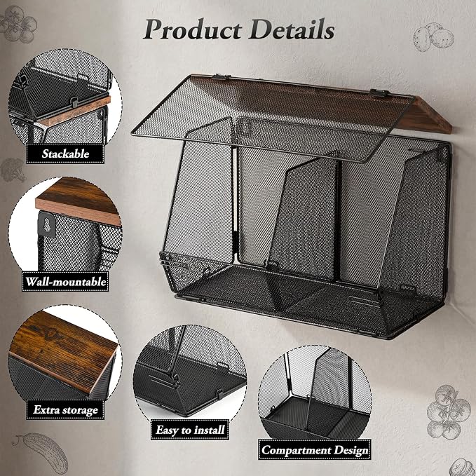 Teenyyou 2 Pcs Stackable Mesh Fruit Basket with Lid Wall Produce Vegetable Storage Basket Onion Potato Hanging Metal Wire Container for Kitchen Counter Pantry (Divided,Black,8.3"w & 13.8"L)