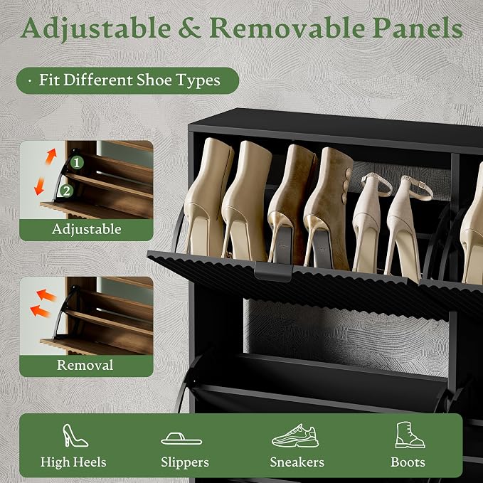 Xixini Shoe Storage Cabinet for Entryway with 6 Flip Drawers, Hidden Slim Wood Shoe Organizer with Modern Fluted Panel, Freestanding Narrow Shoe Rack for Front Door Entrance, Hallway, Foyer, Black