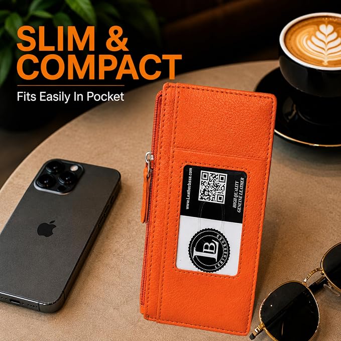 Leatherboss All in One Card Case Holder Slim Wallet With a Card Protection Strap (Orange)
