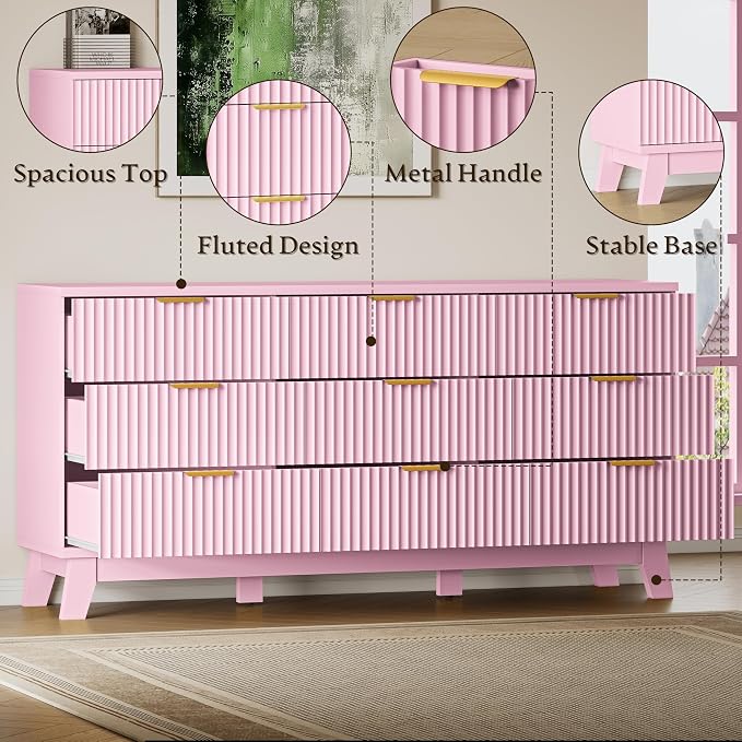 BORNOON Fluted 9 Drawer Dresser, 57.1" Wide Modern Boho Chest of Drawers, Wooden Storage Dresser TV Stand for Bedroom, Living Room, Closet, Hallway, Curved Profile Design