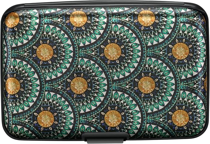 ELFISH RFID Blocking Credit Cards Holder Aluminum Wallet Metal ID Case for Men Women(Peacock Feathers)
