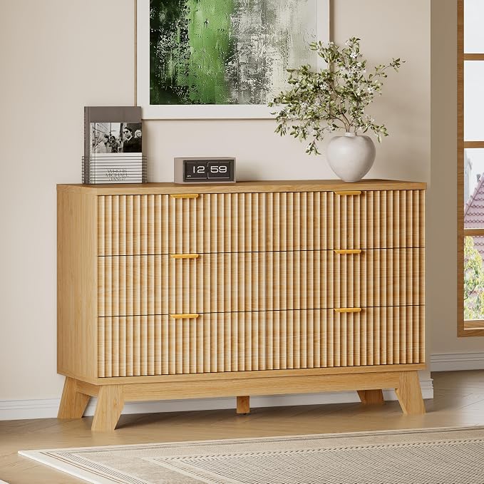 BORNOON Fluted 6 Drawer Dresser, 47.2" Wide Modern Boho Chest of Drawers, Wooden Storage Dresser TV Stand for Bedroom, Living Room, Closet, Hallway, Curved Profile Design