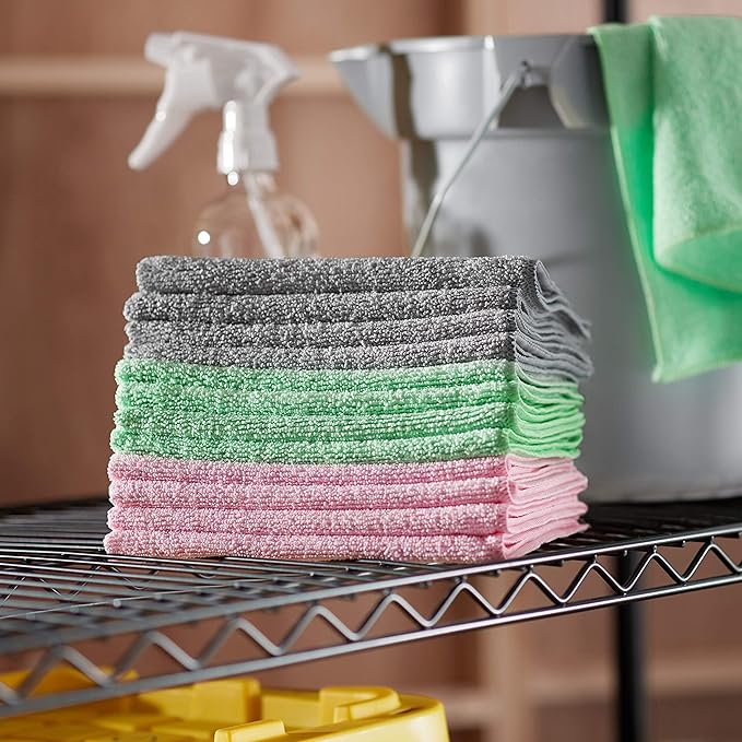 Amazon Basics Microfiber Cleaning Cloths, Ultra Absorbent, Scratch Free, Non-Abrasive, Reusable and Washable, All-Purpose, Car Detailing, 16" x 12", Green/Gray/Pink, 36-Pack