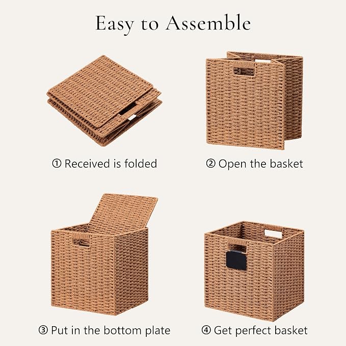 UBBCARE 4 Pack Wicker Basket, 10.5×10.5 Storage Cubes with Label, Foldable Cube Storage Bin with Handle, Square Storage Basket for Shelves, Woven Paper Rope Basket for Organizing, Caramel