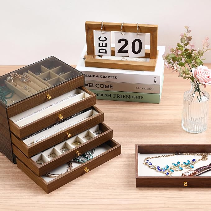 CLUQMEIK 5 Layer Large Wooden Jewelry Box with Acrylic Lid and Wooden Drawers, Stackable Jewelry Organizers and Storage Box for Women and Girls to Storing Rings Earrings Necklaces Bracelets