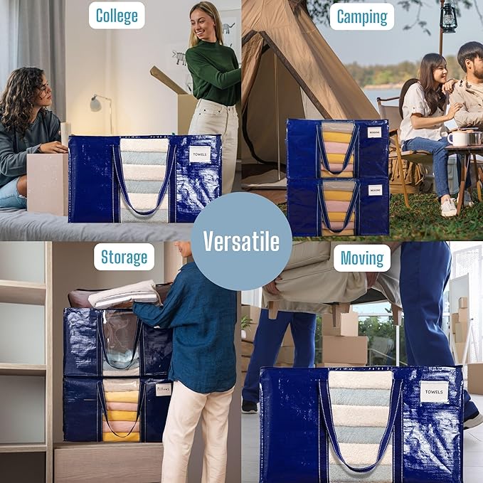 VENO 4 Pack Moving Bags with Clear Window, Heavy Duty Storage Bins with Lid, Around Handles, Tag, Zippers, Extra Large Totes Packing Moving Boxes Supplies for College Dorm Clothes, (Blue, 4 Packs)