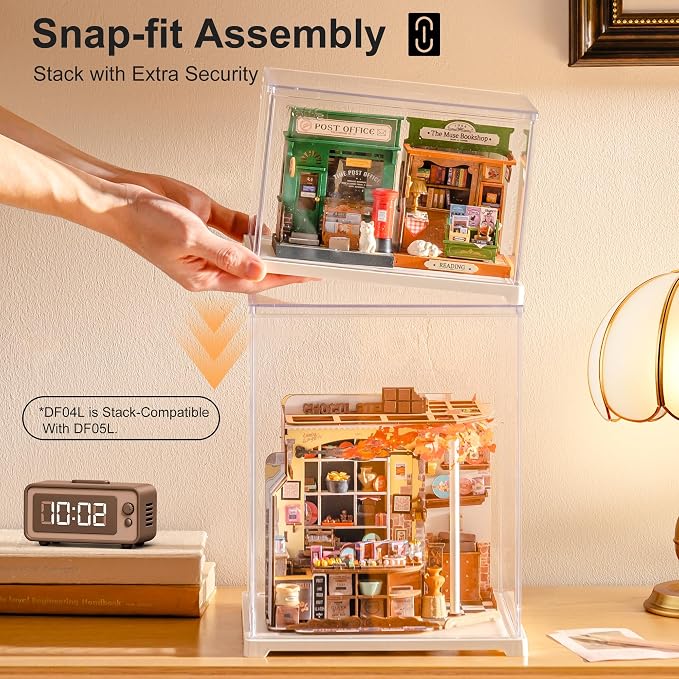 Rolife Acrylic Display Case Dust Cover for Collectibles, Dustproof Protection Showcase with White Base with Door for Mini Dollhouse, 3D Puzzles (8.8''x7.6''x6'')