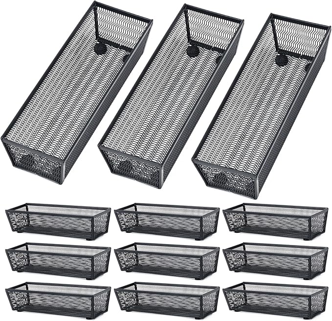 Neudeco Silverware Organizer,Mesh Drawer Organizer for Kitchen，Metal Utensil Organizer for Flatware, Knives, Spoons,Cosmetic (Black 9 * 3 * 2 inch Pack12)