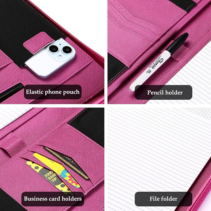 ProCase Portfolio Business Padfolio Folder with Zipper -Magenta | Conference Meeting Executive File Legal Document Organizer with Pockets Letter Size A10 Writing Pad Notepad Padfolio