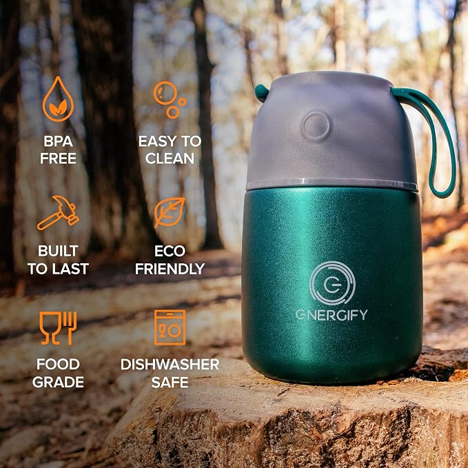 Vacuum Insulated Food Jar. Large 17oz Bowl incl. Folding Spoon, Cup. Wide Mouth Keep Hot & Cold Drinks Soup Lunch Container for Adults. BPA-Free Stainless Steel, Proof Brilliant Green
