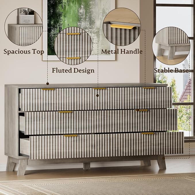 BORNOON Fluted 7 Drawer Dresser, 47.2" Wide Modern Boho Chest of Drawers, Wooden Storage Dresser TV Stand for Bedroom, Living Room, Closet, Hallway, Curved Profile Design