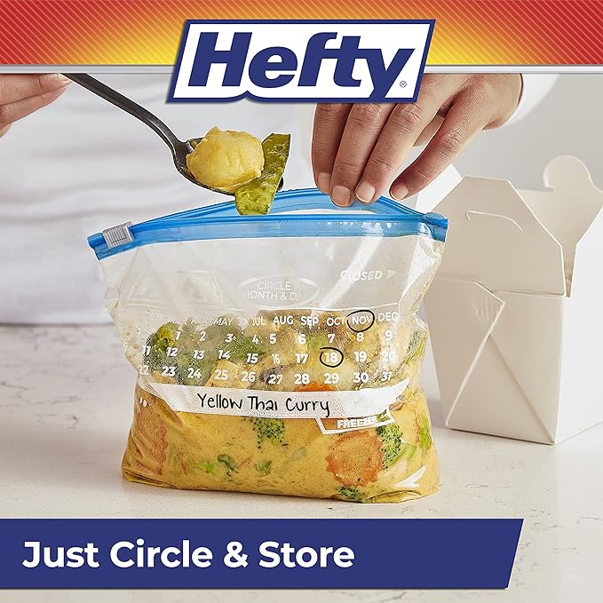 Hefty Calendar Slider Quart Freezer Bags, 140 Count, Quart Slider Bags for Freezer with Calendar Dates, Holds Raw Meat, Fruits, Veggies, and More, Secure Zip and Click Closure