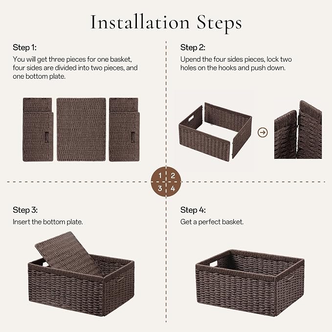 UBBCARE 2 Pack Wicker Basket, 13.4L×8.3H×7.1W inch Woven Paper Rope Storage Baskets for Shelves, Foldable Rectangular Storage Baskets with Handle, Storage Basket for Organizing, Dark Brown