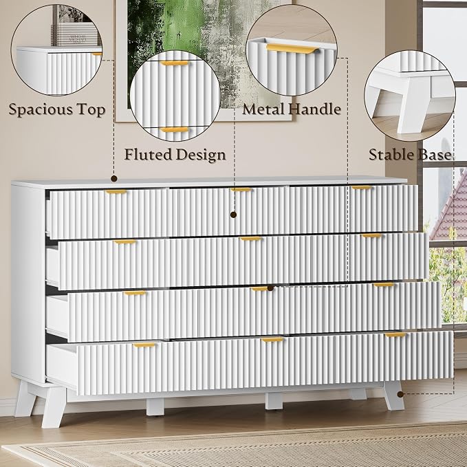 BORNOON 57" Wide Dresser for Bedroom, 12-Drawer Fluted Dresser with Metal Handles, Wood Chest of Drawers with Smooth Slides and Stable Base, Modern Storage Cabinet for Living Room, Nursery