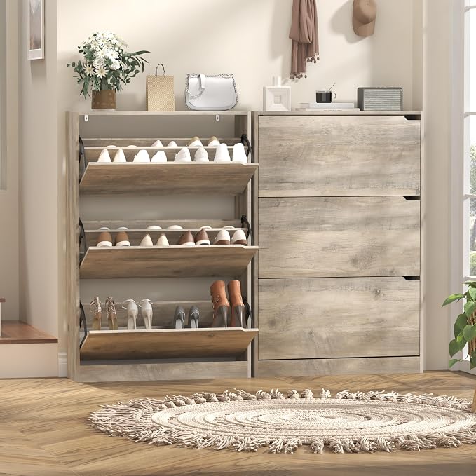 Wodeer Narrow Shoe Cabinet for Entryway, Slim Shoe Storage Cabinet with 3 Flip Drawers, Hidden Wood Shoe Cabinet Storage, Freestanding Shoe Rack Organizer Foyer, Hallway, Grey