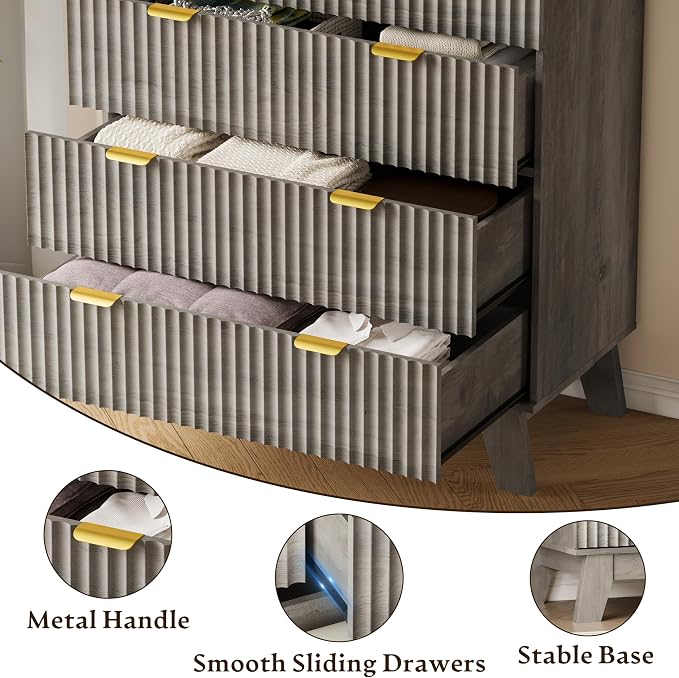 BORNOON 46" Tall Dresser for Bedroom, 6-Drawer Fluted Chest of Drawers, Modern Wood Highboy with Deep Storage, Metal Slides and Handles, Anti-Tip Kit, Vertical Clothes Organizer for Apartment, Nursery