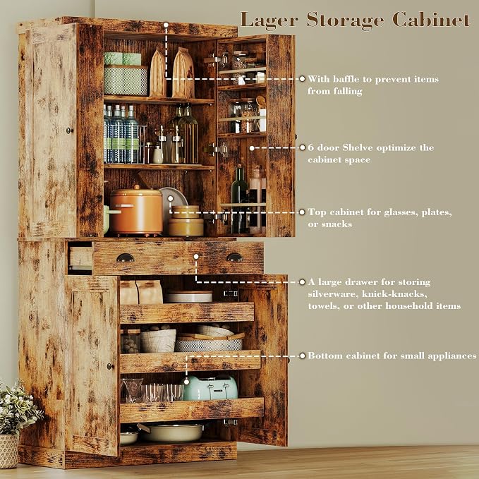 IRONCK Kitchen Pantry Cabinet 72" Height, Freestanding Cupboard with Drawer, Sliding Storage Rack, and 6 Hanging Shelves for Dining Room, Laundry, Living Room, Vintage Brown
