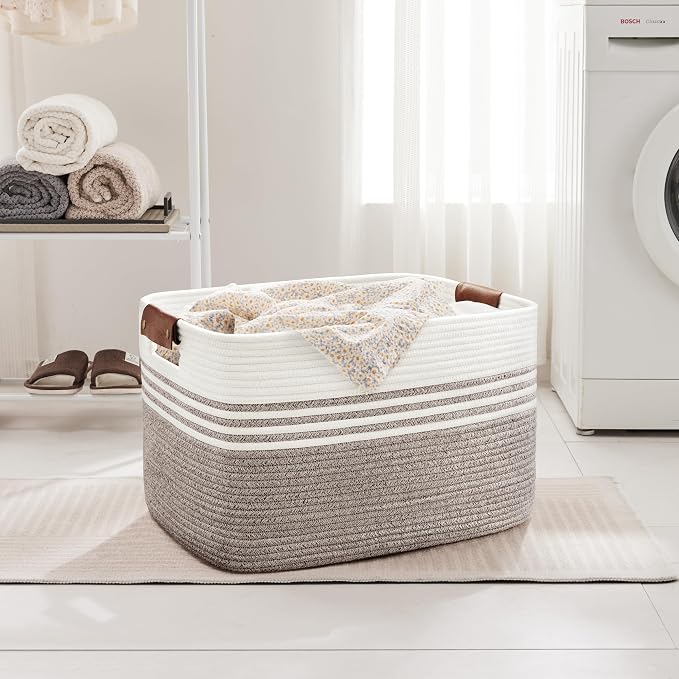 86L Woven Laundry Basket Hamper with Leather Handles,Dark Brown | 24"x16"x14", collapsible wicker hamper, storage for dirty clothes, toys, blankets, gifts, living room, bedroom, bathroom
