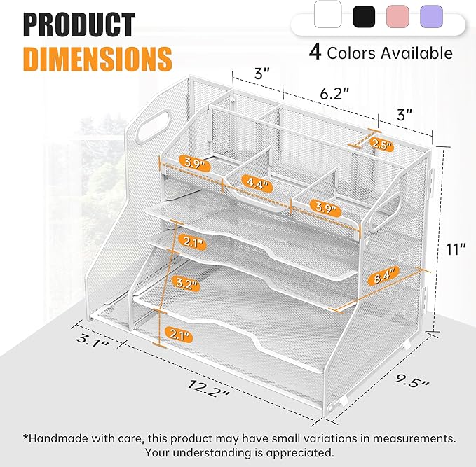 YINGHUA 5 Tier Paper Tray Letter Organizer with Top 6 Adjustable Compartments and File Holder - Paper Sorter Office Desktop Accessories with Handles for Document,Mail,School Supplies Storage,White