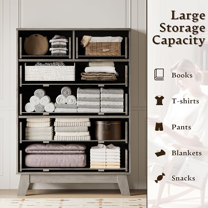 BORNOON 46" Tall Dresser for Bedroom, 6-Drawer Fluted Chest of Drawers, Modern Wood Highboy with Deep Storage, Metal Slides and Handles, Anti-Tip Kit, Vertical Clothes Organizer for Apartment, Nursery