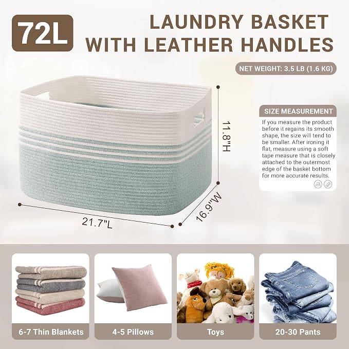 72L Large Woven Laundry Basket Hamper with Handles, Green | 22"x17"x12", collapsible wicker hamper, storage for dirty clothes, toys, blankets, gifts, living room, bedroom, bathroom
